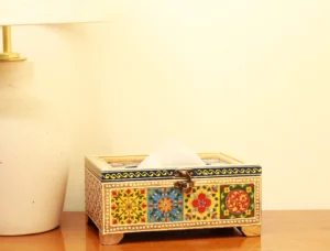 Wooden tissue paper box with colour emboss work