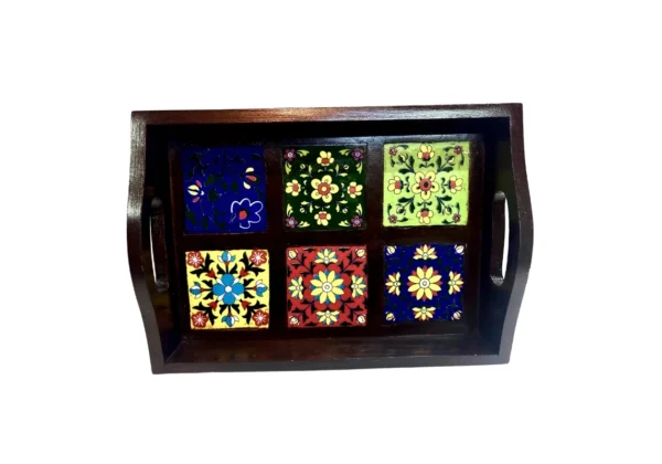 Wooden tray with Blue pottery tiles - Image 4