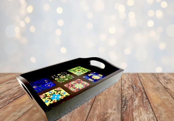 Wooden tray with Blue pottery tiles
