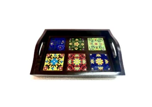 Wooden tray with Blue pottery tiles