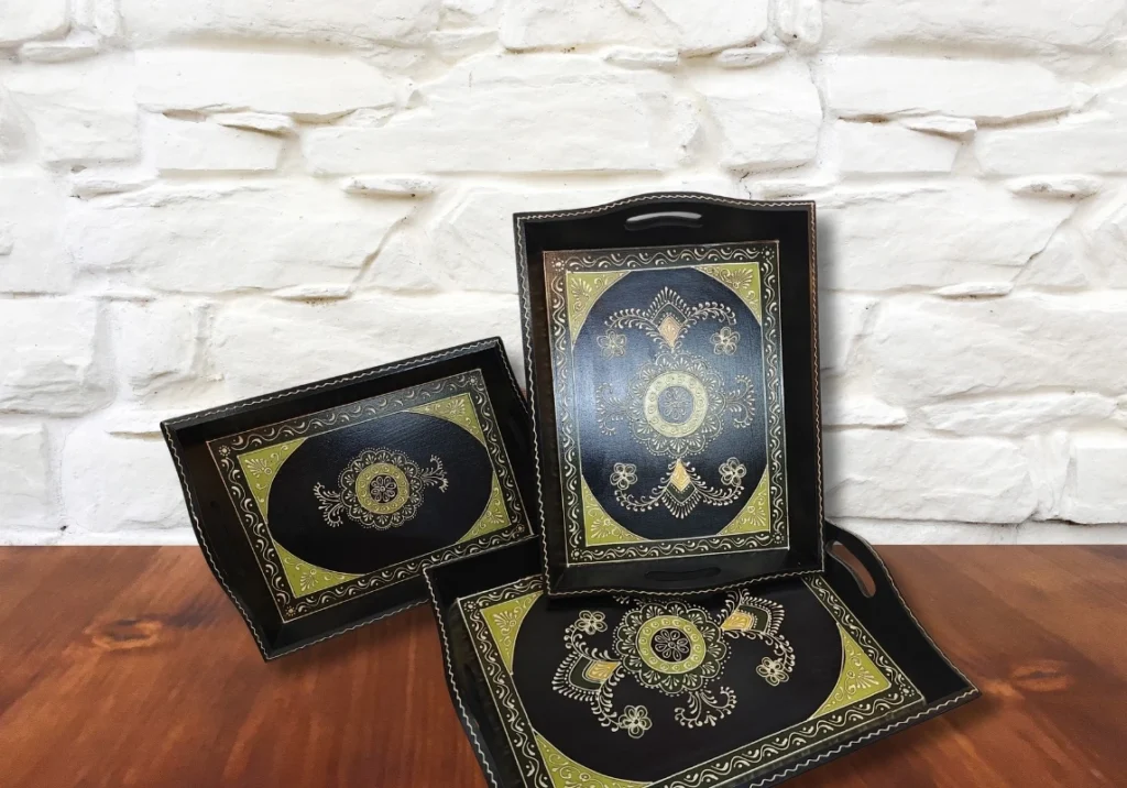 Wooden tray set with Colour emboss work- Set of 3