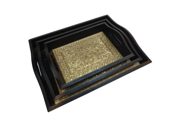 Wooden tray with brass work - Set of 3 - Image 3