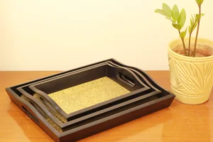 Wooden tray with brass work - Set of 3
