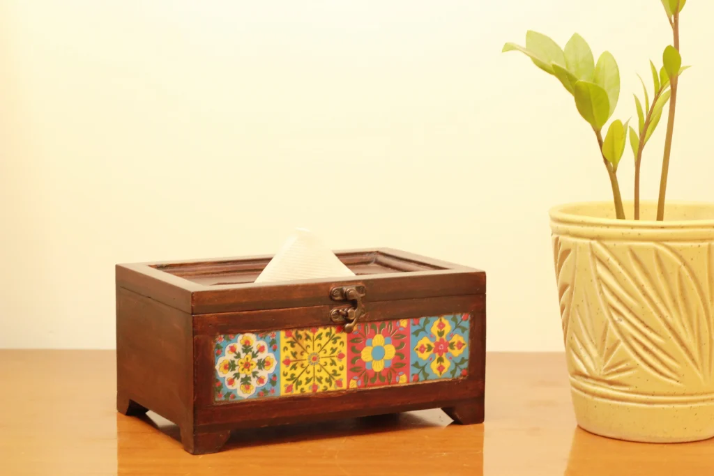 Wooden tissue box with Blue pottery tiles